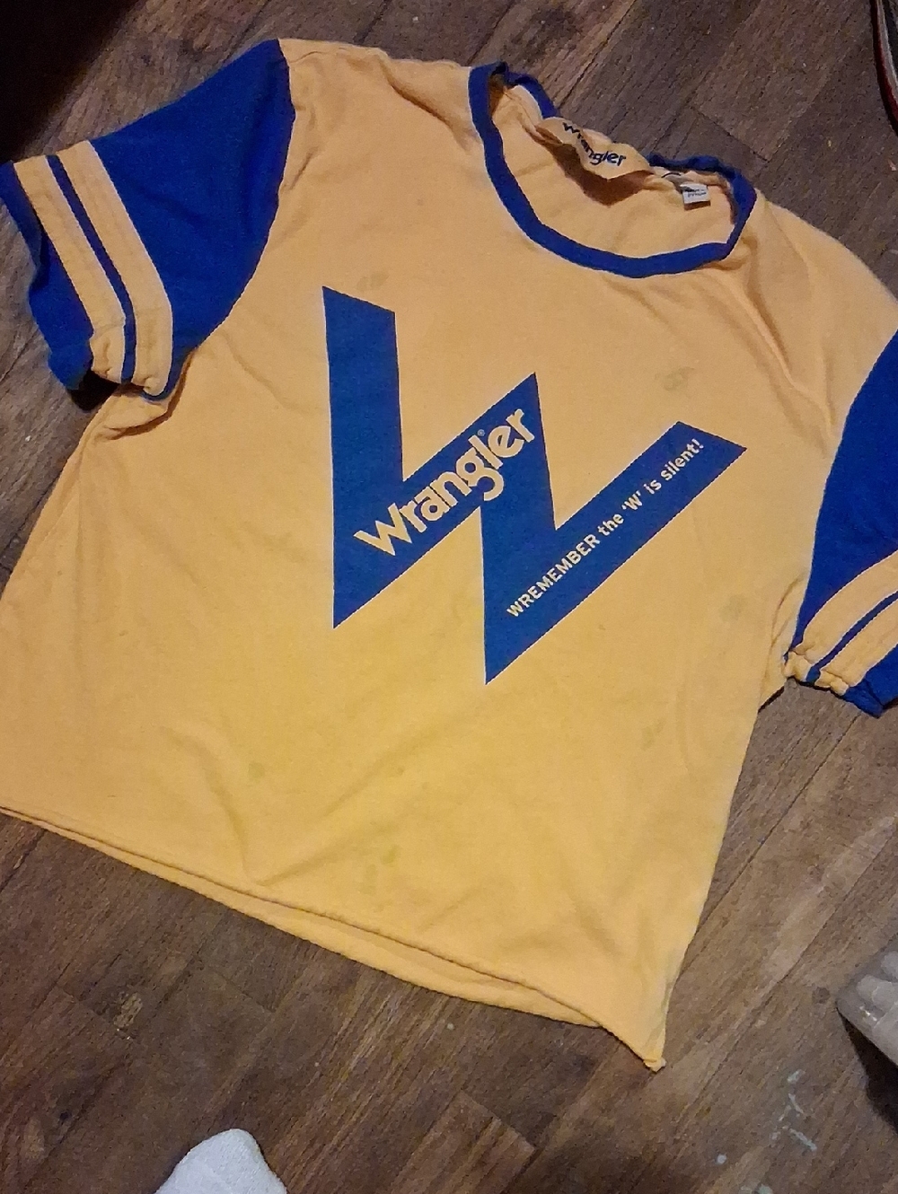 Wrangler Yellow Tee with Blue Logo & Sleeve Accents